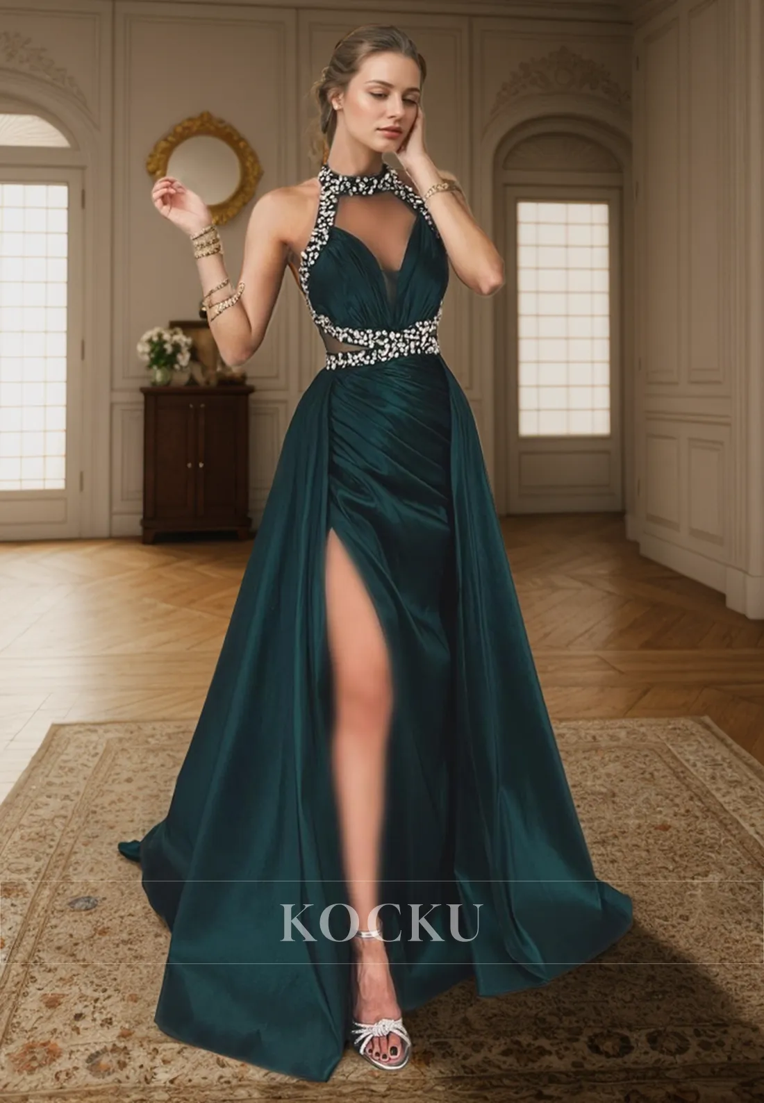 L3084 - Elegant & Luxurious V-Neck Rhinestone Halter A-Line Backless Satin Evening Party Prom Dress
