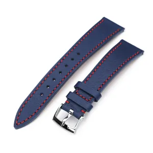 Q.R. 19mm, 20mm or 22mm Blue Tapered Leather Watch Band, Red Stitching   Zermatt