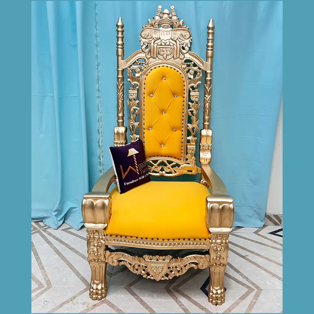 Wooden Twist Luxurious Royal High Back Throne Chair (Golden)