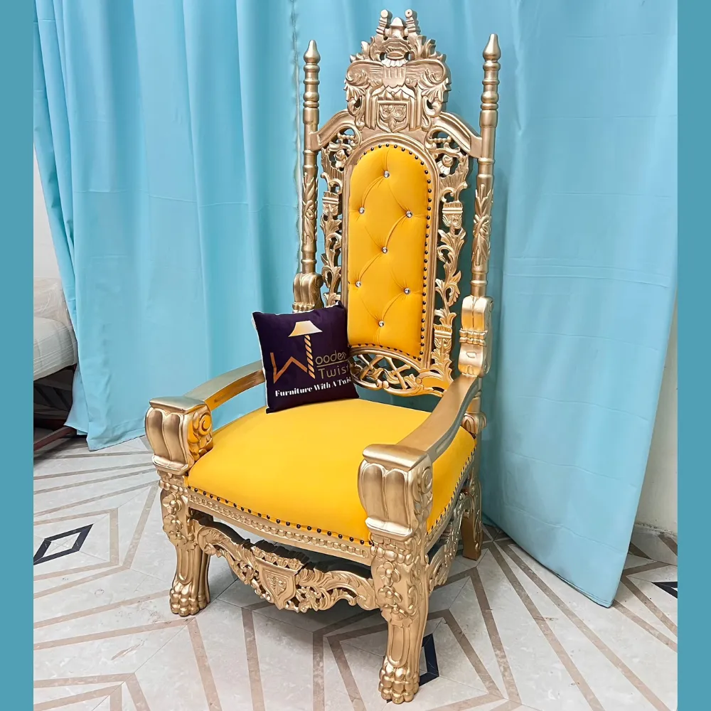 Wooden Twist Luxurious Royal High Back Throne Chair (Golden)