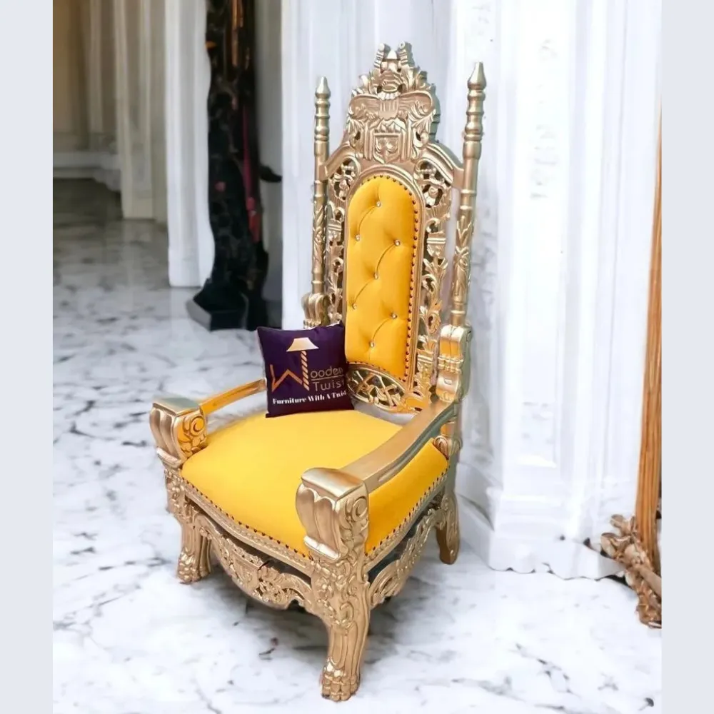 Wooden Twist Luxurious Royal High Back Throne Chair (Golden)